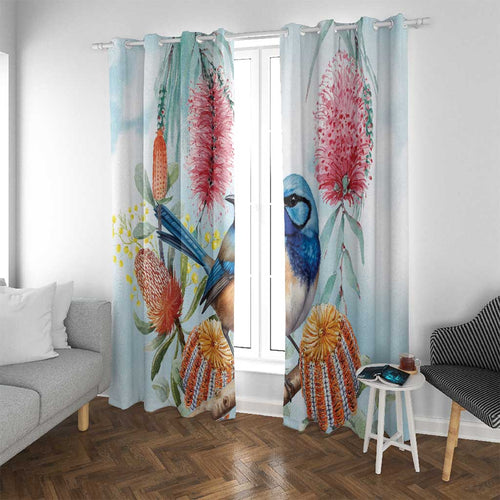 Splendid Fairy-wren Australia Window Curtain Aussie National Flowers - Watercolor Style