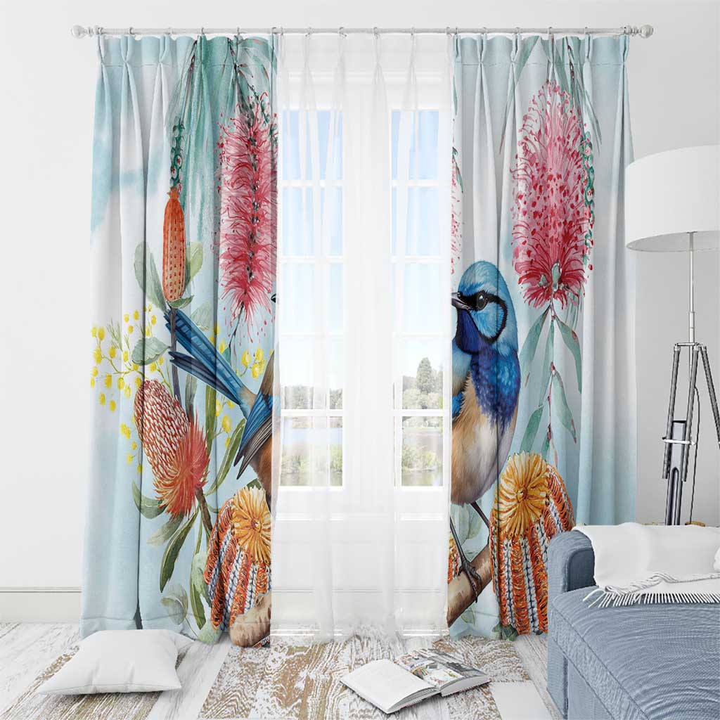 Splendid Fairy-wren Australia Window Curtain Aussie National Flowers - Watercolor Style