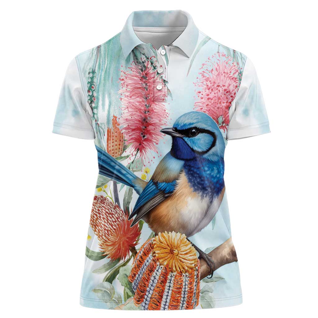 Splendid Fairy-wren Australia Women Polo Shirt Aussie National Flowers - Watercolor Style
