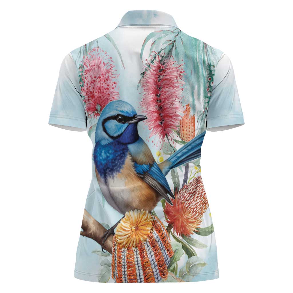 Splendid Fairy-wren Australia Women Polo Shirt Aussie National Flowers - Watercolor Style