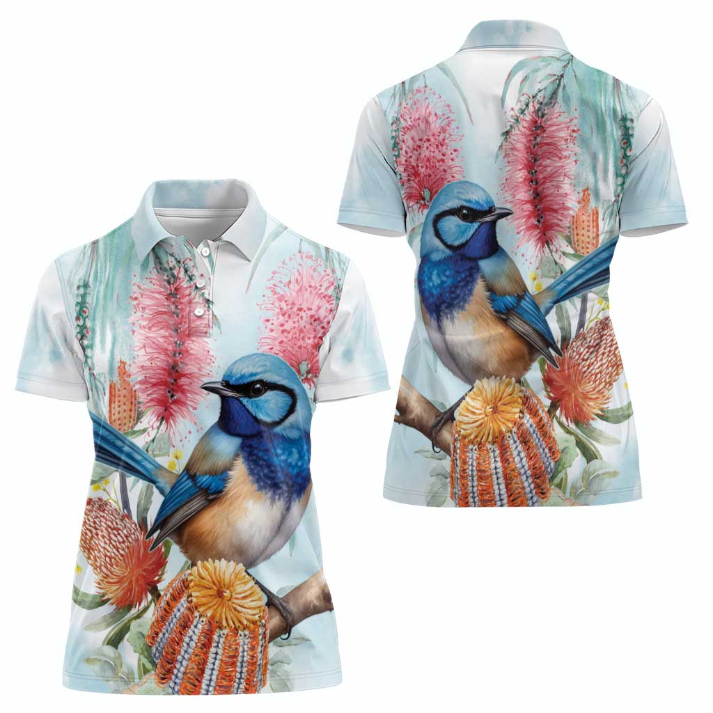 Splendid Fairy-wren Australia Women Polo Shirt Aussie National Flowers - Watercolor Style