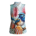Splendid Fairy-wren Australia Women Sleeveless Polo Shirt Aussie National Flowers - Watercolor Style