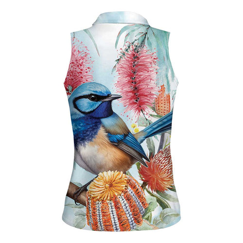 Splendid Fairy-wren Australia Women Sleeveless Polo Shirt Aussie National Flowers - Watercolor Style