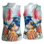 Splendid Fairy-wren Australia Women Sleeveless Polo Shirt Aussie National Flowers - Watercolor Style
