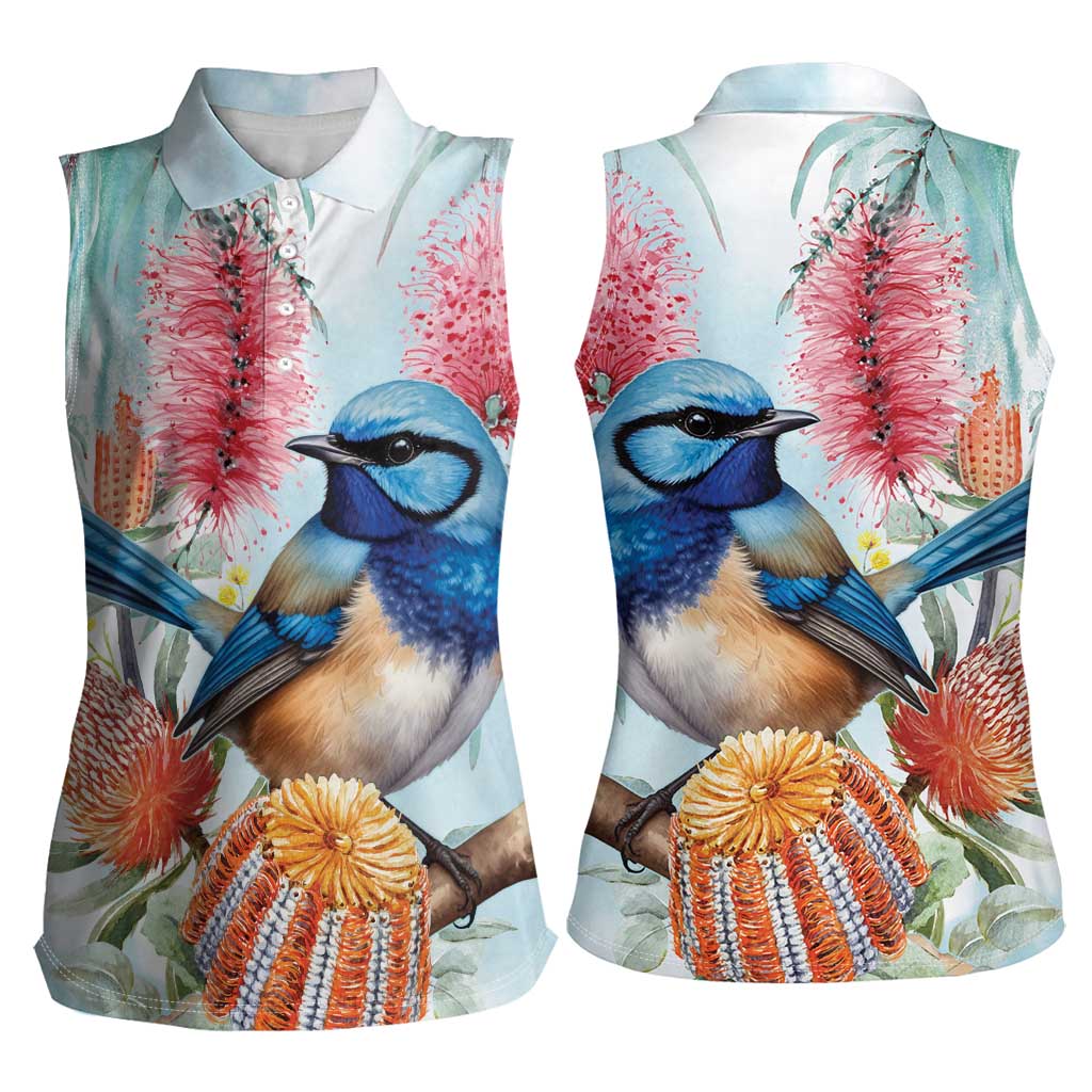 Splendid Fairy-wren Australia Women Sleeveless Polo Shirt Aussie National Flowers - Watercolor Style