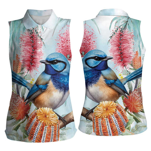 Splendid Fairy-wren Australia Women Sleeveless Polo Shirt Aussie National Flowers - Watercolor Style