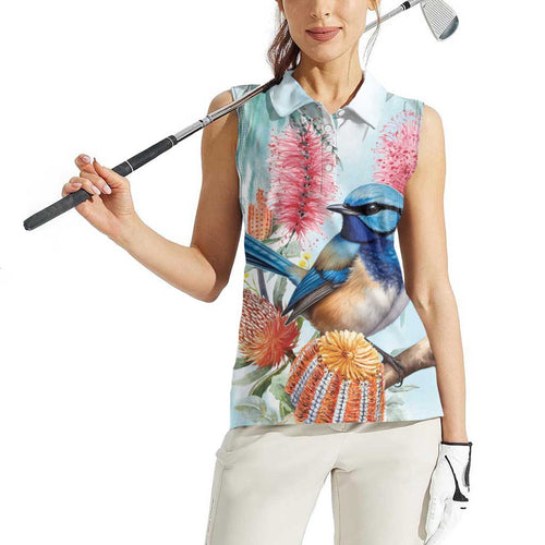 Splendid Fairy-wren Australia Women Sleeveless Polo Shirt Aussie National Flowers - Watercolor Style