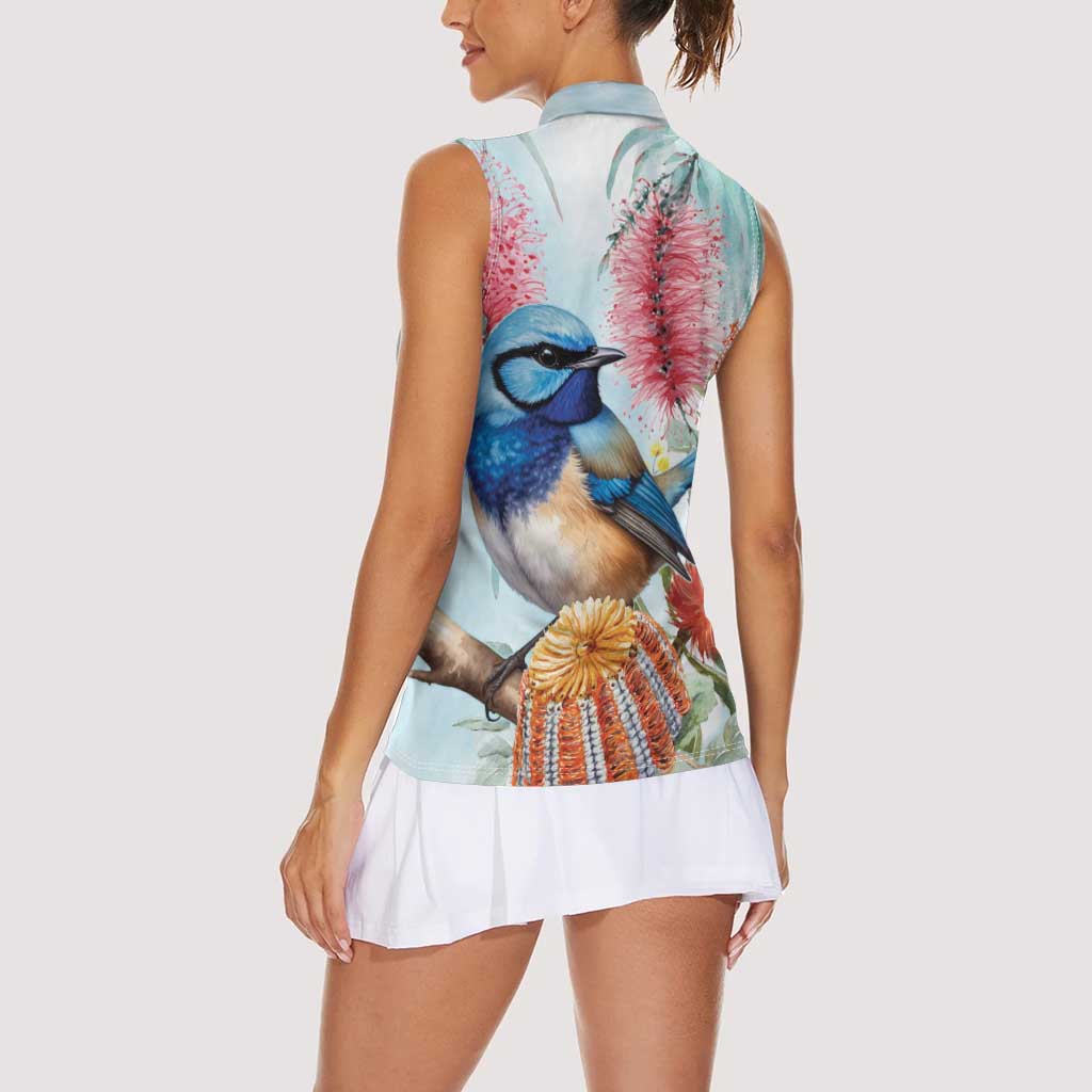 Splendid Fairy-wren Australia Women Sleeveless Polo Shirt Aussie National Flowers - Watercolor Style