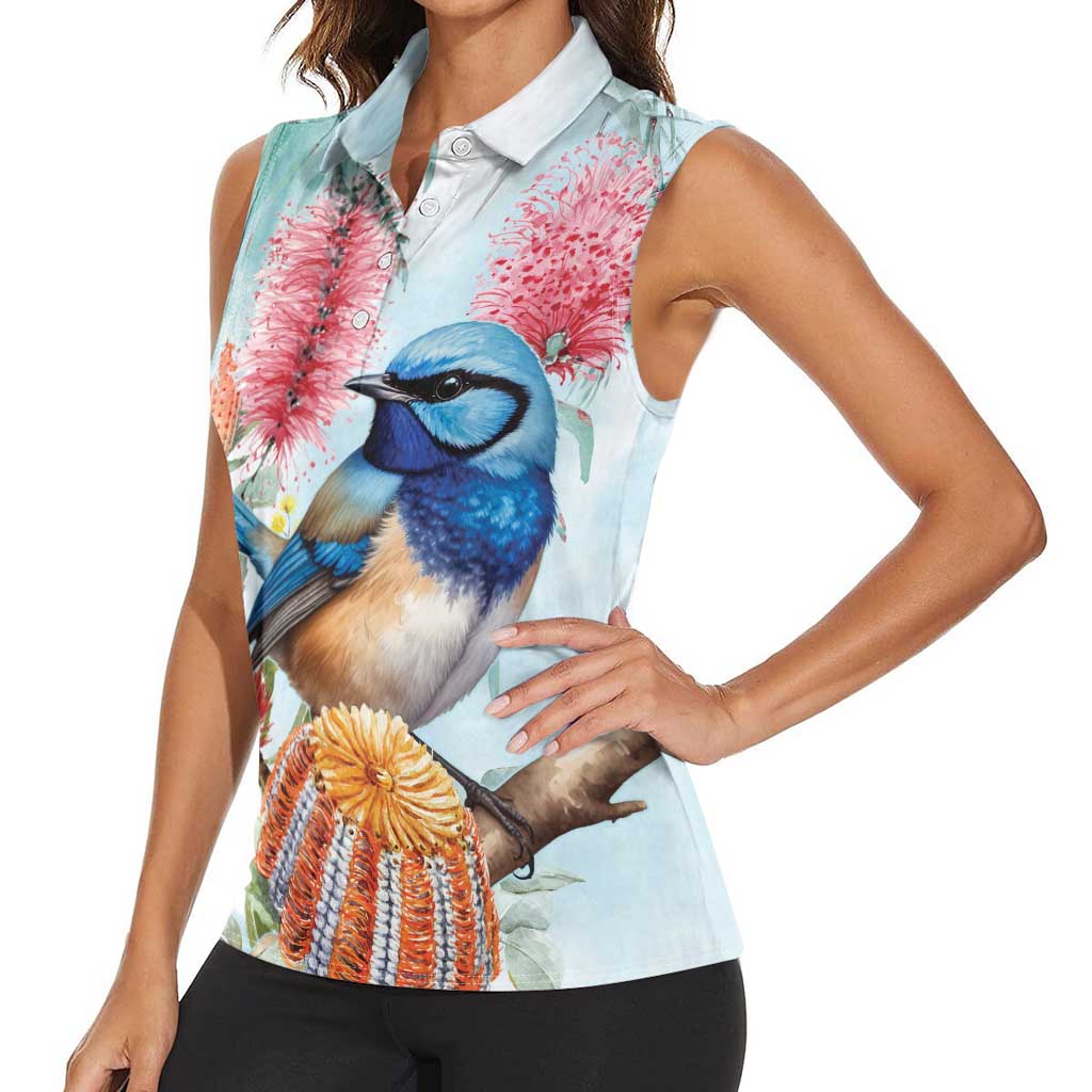 Splendid Fairy-wren Australia Women Sleeveless Polo Shirt Aussie National Flowers - Watercolor Style