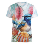 Splendid Fairy-wren Australia Women V-Neck T-Shirt Aussie National Flowers - Watercolor Style