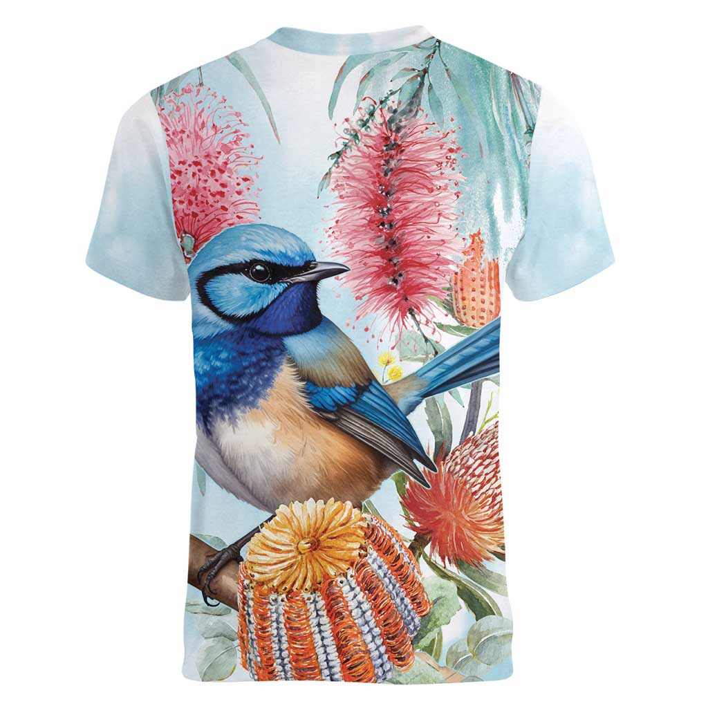 Splendid Fairy-wren Australia Women V-Neck T-Shirt Aussie National Flowers - Watercolor Style