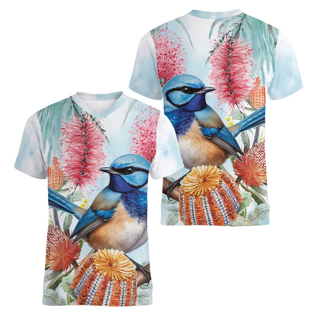 Splendid Fairy-wren Australia Women V-Neck T-Shirt Aussie National Flowers - Watercolor Style
