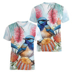 Splendid Fairy-wren Australia Women V-Neck T-Shirt Aussie National Flowers - Watercolor Style