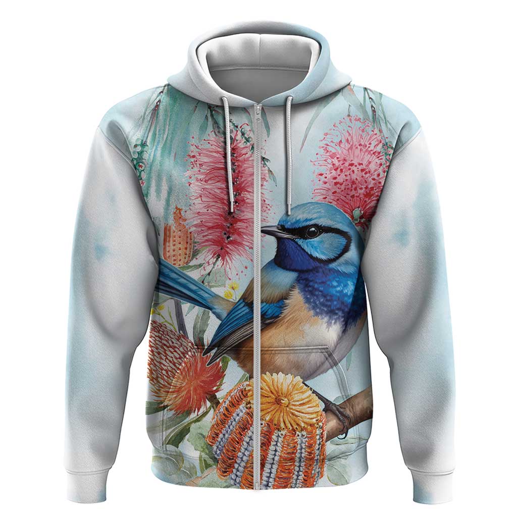 Splendid Fairy-wren Australia Zip Hoodie Aussie National Flowers - Watercolor Style