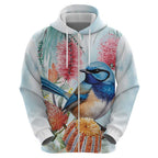 Splendid Fairy-wren Australia Zip Hoodie Aussie National Flowers - Watercolor Style