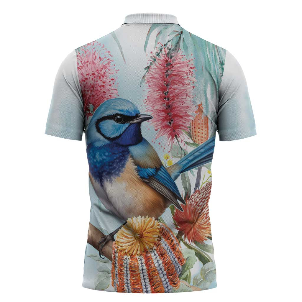 Splendid Fairy-wren Australia Zipper Polo Shirt Aussie National Flowers - Watercolor Style - Aussie Hoodie