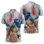 Splendid Fairy-wren Australia Zipper Polo Shirt Aussie National Flowers - Watercolor Style - Aussie Hoodie