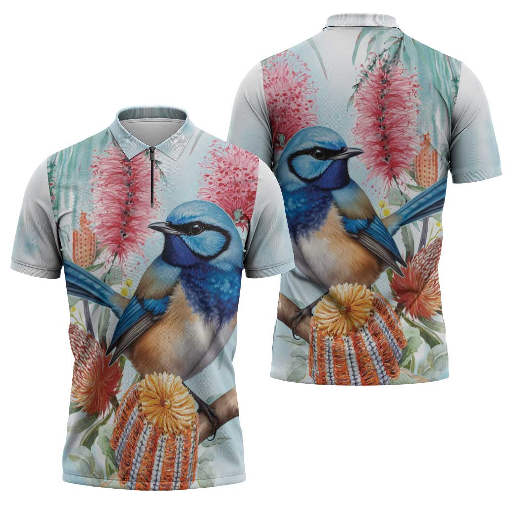 Splendid Fairy-wren Australia Zipper Polo Shirt Aussie National Flowers - Watercolor Style - Aussie Hoodie