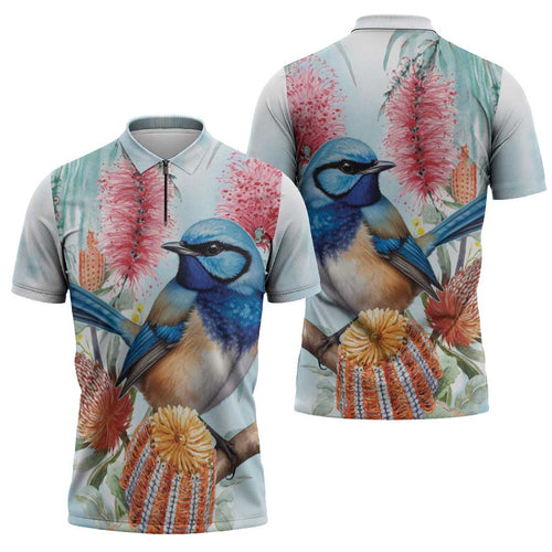 Splendid Fairy-wren Australia Zipper Polo Shirt Aussie National Flowers - Watercolor Style - Aussie Hoodie