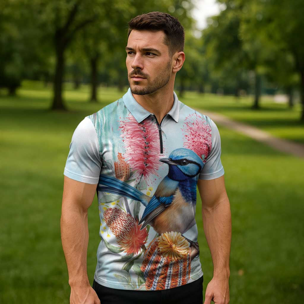 Splendid Fairy-wren Australia Zipper Polo Shirt Aussie National Flowers - Watercolor Style - Aussie Hoodie