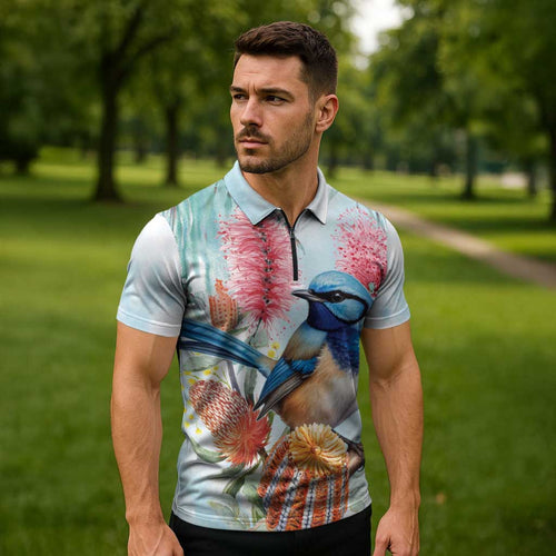 Splendid Fairy-wren Australia Zipper Polo Shirt Aussie National Flowers - Watercolor Style - Aussie Hoodie