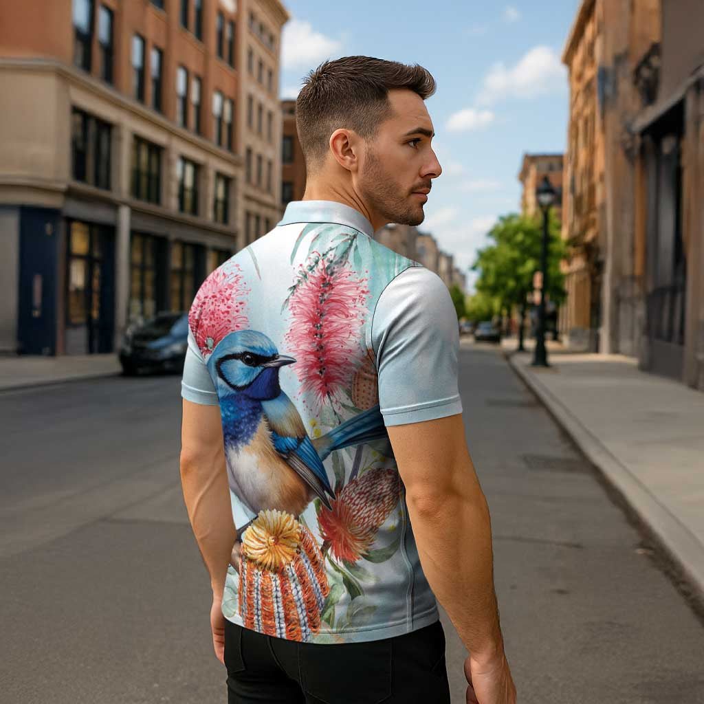 Splendid Fairy-wren Australia Zipper Polo Shirt Aussie National Flowers - Watercolor Style - Aussie Hoodie