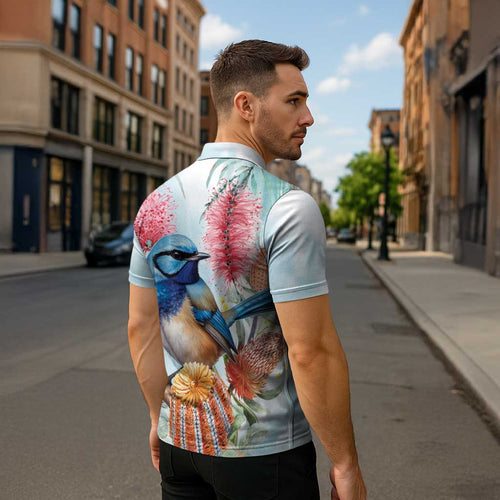Splendid Fairy-wren Australia Zipper Polo Shirt Aussie National Flowers - Watercolor Style - Aussie Hoodie