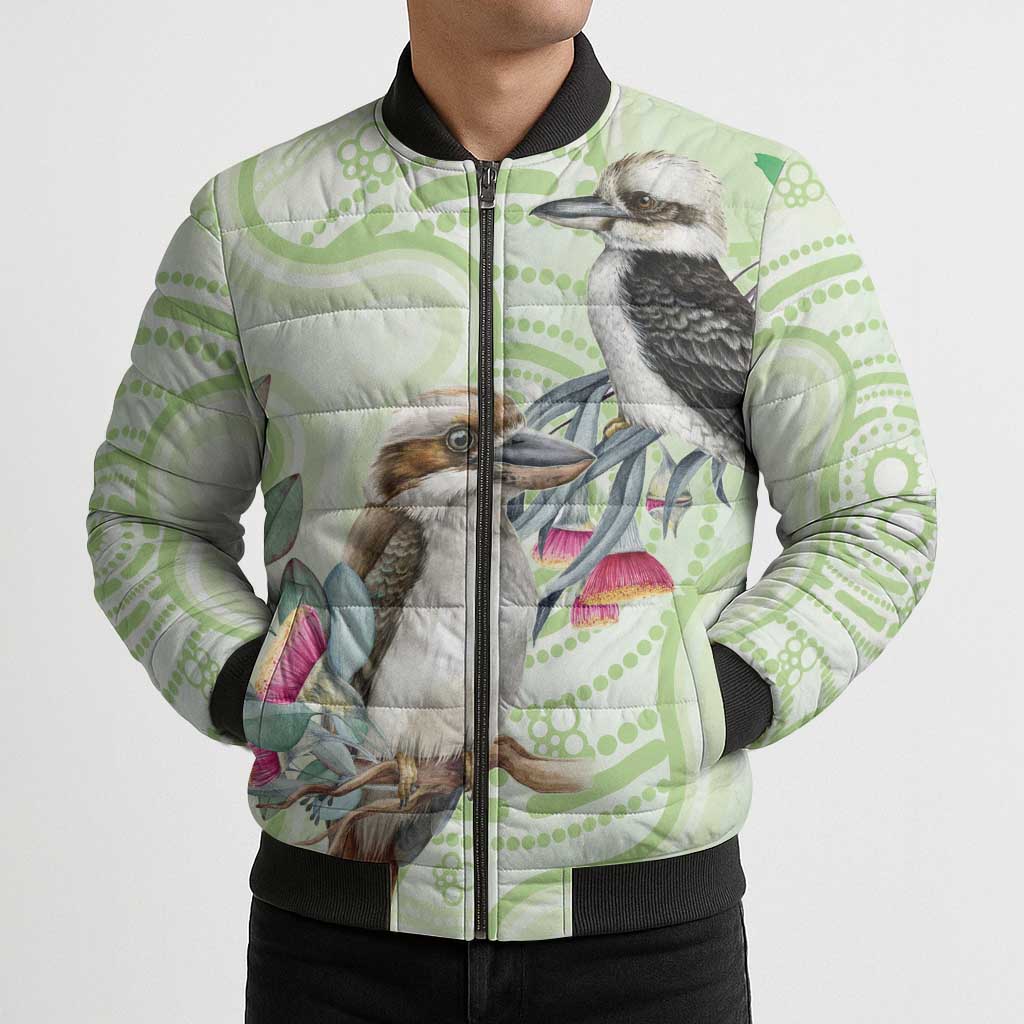 Australia Gumtree And Kookaburra Bomber Puffer Jacket Aboriginal Art - Watercolor Style - Aussie Hoodie