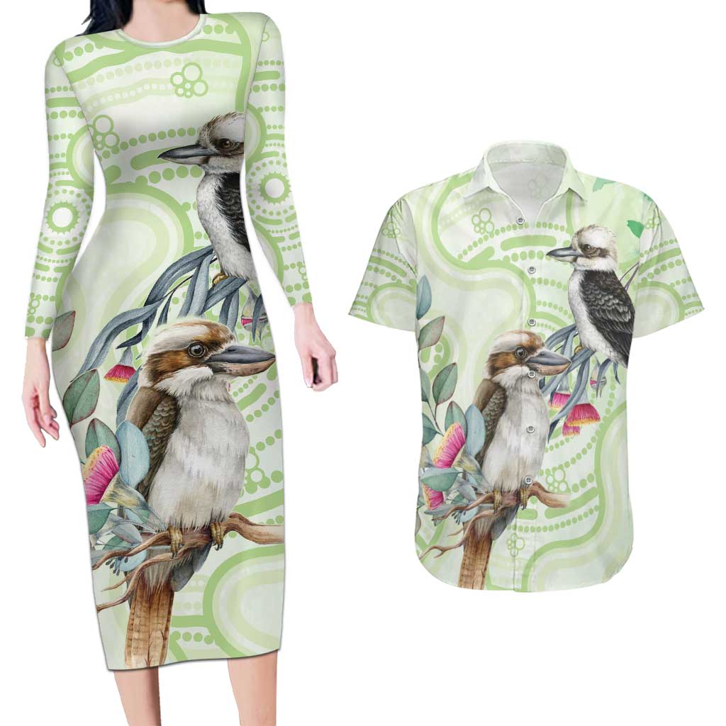 Australia Gumtree And Kookaburra Couples Matching Long Sleeve Bodycon Dress and Hawaiian Shirt Aboriginal Art - Watercolor Style