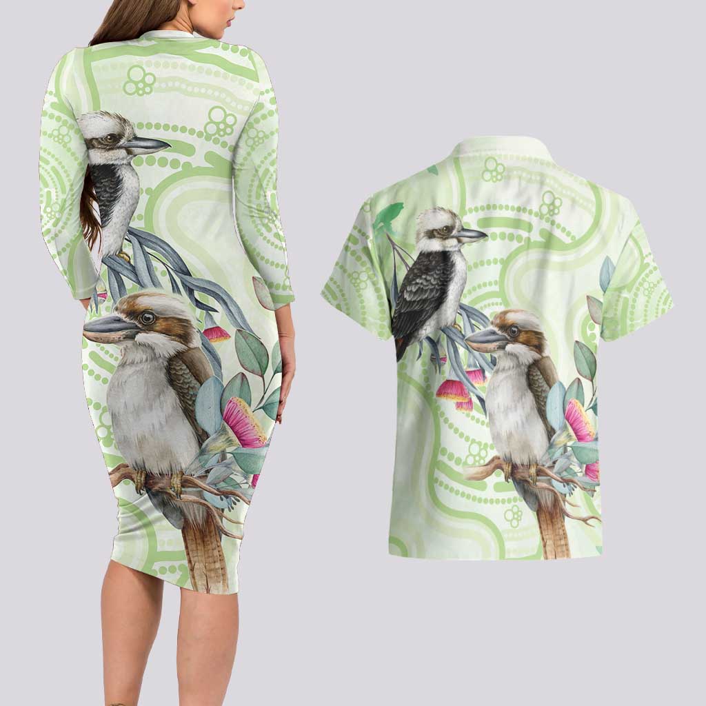 Australia Gumtree And Kookaburra Couples Matching Long Sleeve Bodycon Dress and Hawaiian Shirt Aboriginal Art - Watercolor Style