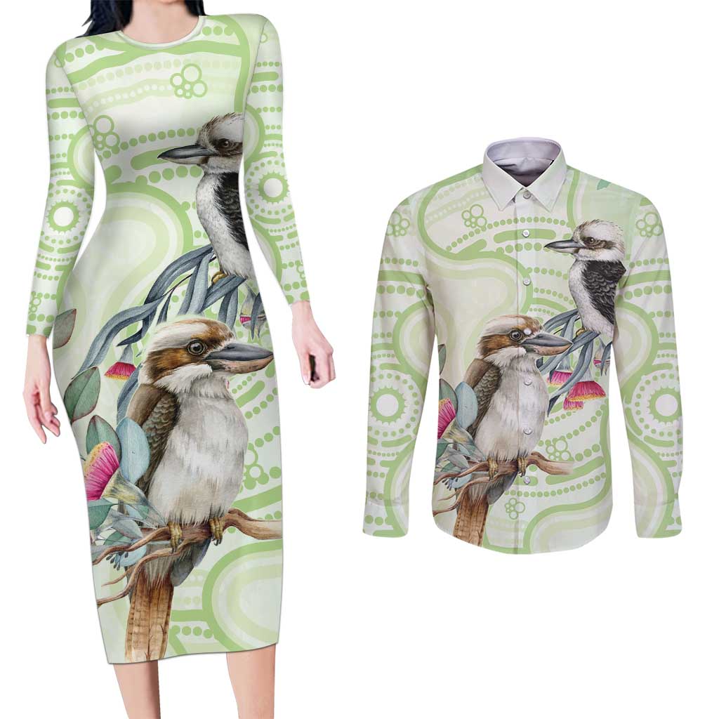 Australia Gumtree And Kookaburra Couples Matching Long Sleeve Bodycon Dress and Long Sleeve Button Shirt Aboriginal Art - Watercolor Style