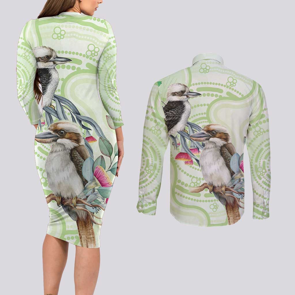Australia Gumtree And Kookaburra Couples Matching Long Sleeve Bodycon Dress and Long Sleeve Button Shirt Aboriginal Art - Watercolor Style