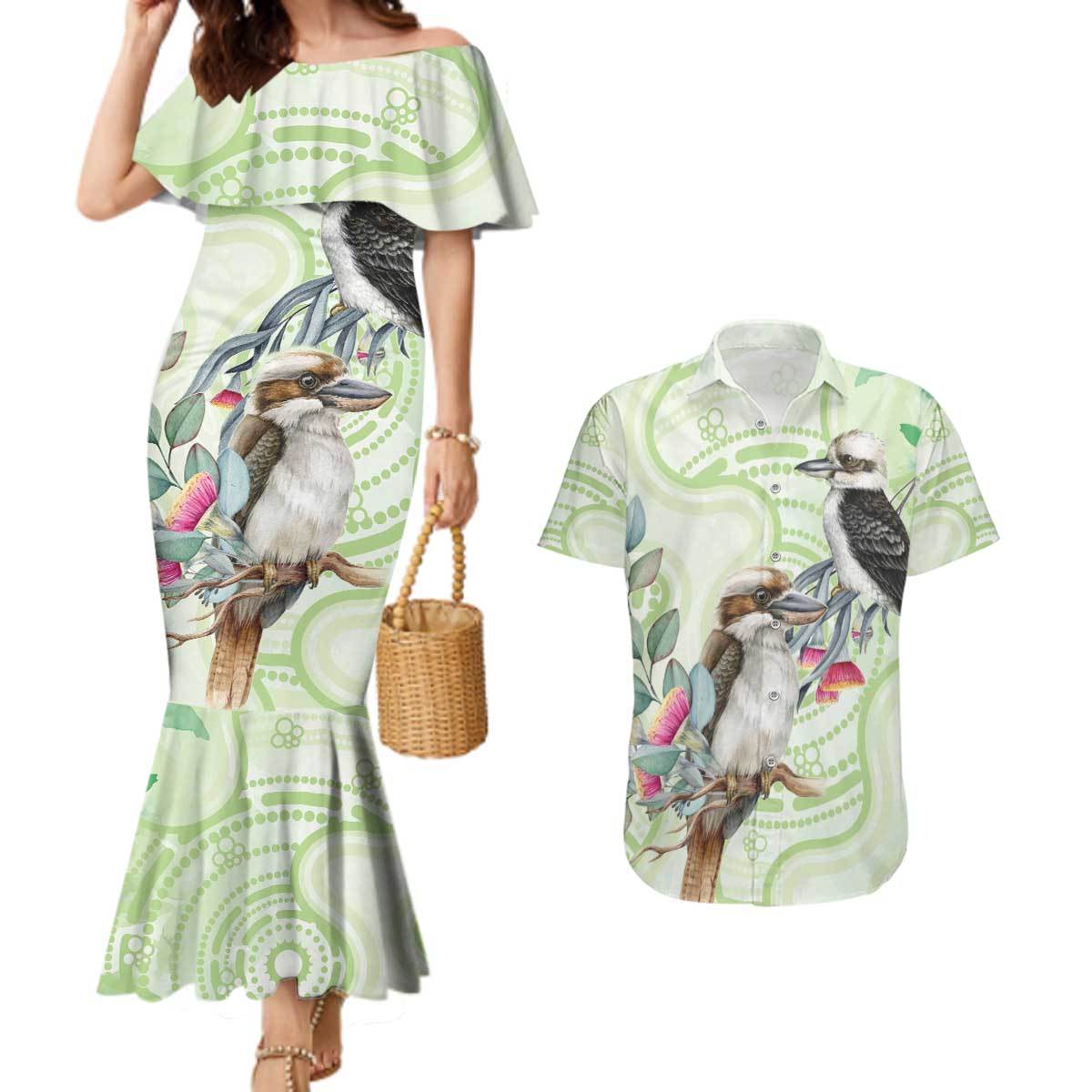 Australia Gumtree And Kookaburra Couples Matching Mermaid Dress and Hawaiian Shirt Aboriginal Art - Watercolor Style