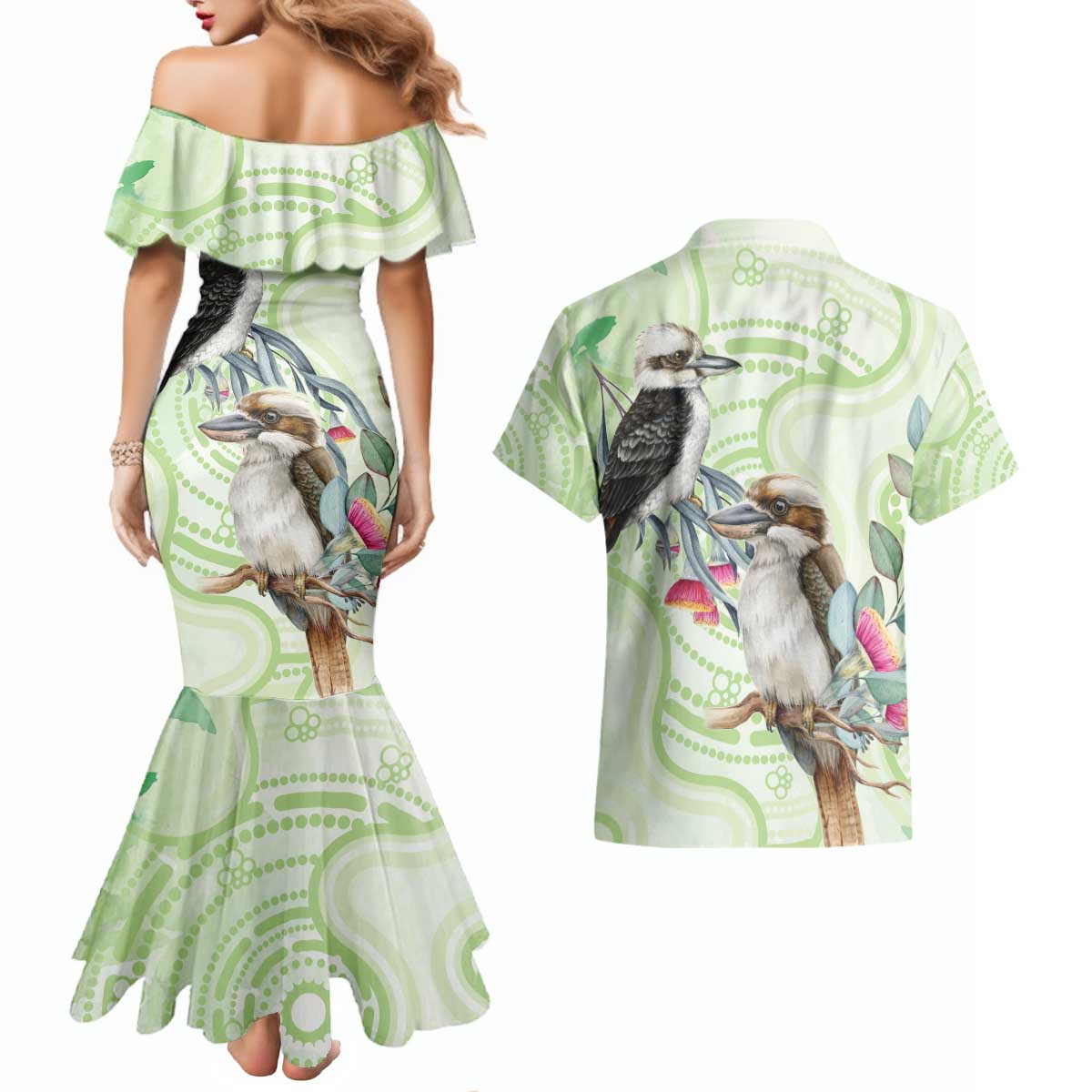 Australia Gumtree And Kookaburra Couples Matching Mermaid Dress and Hawaiian Shirt Aboriginal Art - Watercolor Style