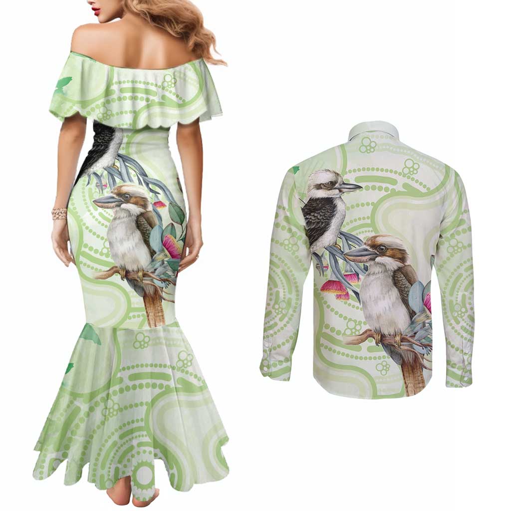 Australia Gumtree And Kookaburra Couples Matching Mermaid Dress and Long Sleeve Button Shirt Aboriginal Art - Watercolor Style