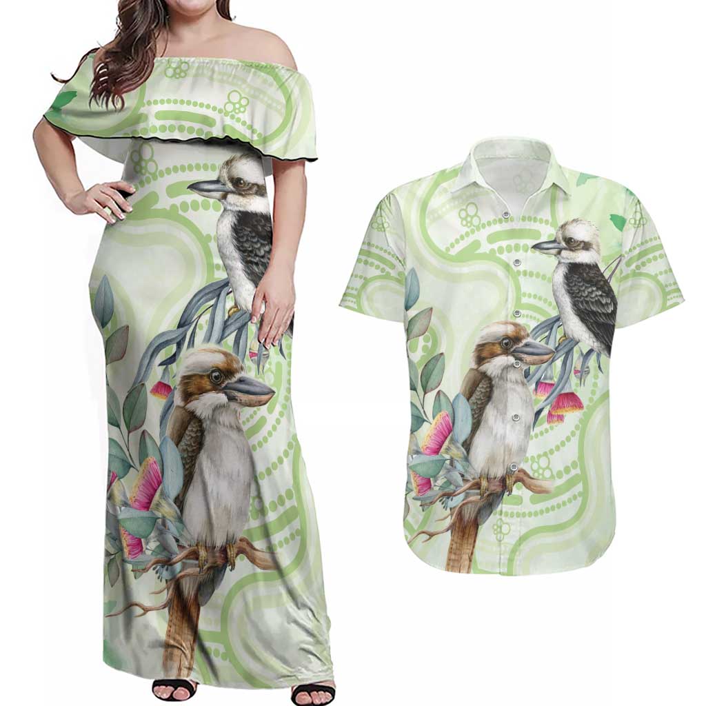 Australia Gumtree And Kookaburra Couples Matching Off Shoulder Maxi Dress and Hawaiian Shirt Aboriginal Art - Watercolor Style