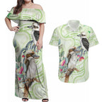 Australia Gumtree And Kookaburra Couples Matching Off Shoulder Maxi Dress and Hawaiian Shirt Aboriginal Art - Watercolor Style