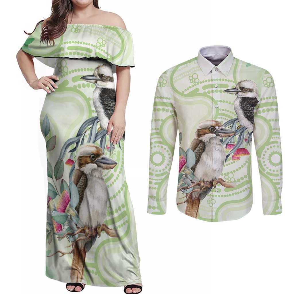 Australia Gumtree And Kookaburra Couples Matching Off Shoulder Maxi Dress and Long Sleeve Button Shirt Aboriginal Art - Watercolor Style