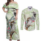 Australia Gumtree And Kookaburra Couples Matching Off Shoulder Maxi Dress and Long Sleeve Button Shirt Aboriginal Art - Watercolor Style