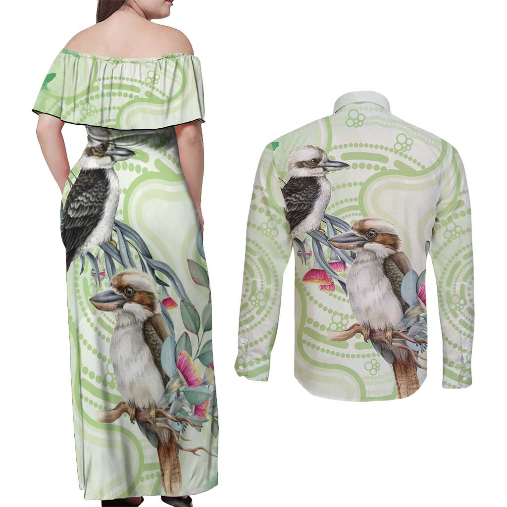 Australia Gumtree And Kookaburra Couples Matching Off Shoulder Maxi Dress and Long Sleeve Button Shirt Aboriginal Art - Watercolor Style