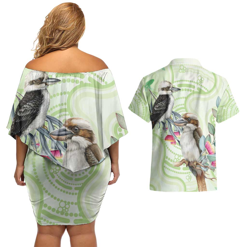 Australia Gumtree And Kookaburra Couples Matching Off Shoulder Short Dress and Hawaiian Shirt Aboriginal Art - Watercolor Style