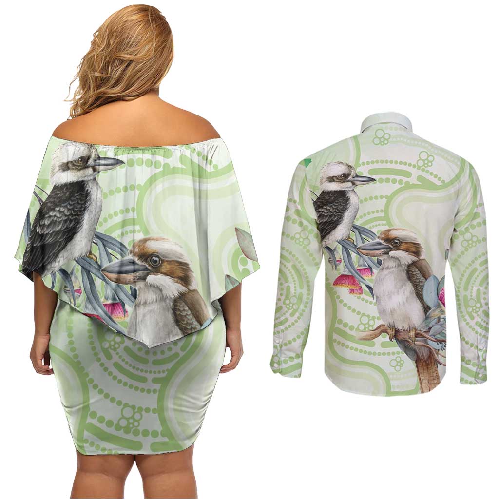Australia Gumtree And Kookaburra Couples Matching Off Shoulder Short Dress and Long Sleeve Button Shirt Aboriginal Art - Watercolor Style