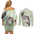 Australia Gumtree And Kookaburra Couples Matching Off Shoulder Short Dress and Long Sleeve Button Shirt Aboriginal Art - Watercolor Style