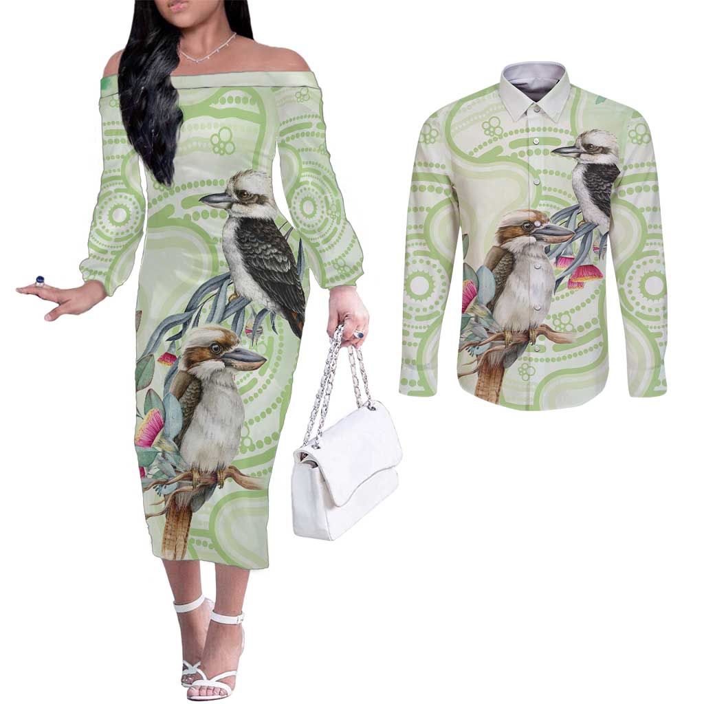 Australia Gumtree And Kookaburra Couples Matching Off The Shoulder Long Sleeve Dress and Long Sleeve Button Shirt Aboriginal Art - Watercolor Style