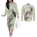 Australia Gumtree And Kookaburra Couples Matching Off The Shoulder Long Sleeve Dress and Long Sleeve Button Shirt Aboriginal Art - Watercolor Style