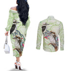Australia Gumtree And Kookaburra Couples Matching Off The Shoulder Long Sleeve Dress and Long Sleeve Button Shirt Aboriginal Art - Watercolor Style