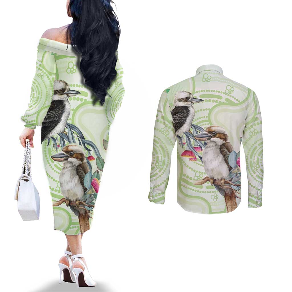 Australia Gumtree And Kookaburra Couples Matching Off The Shoulder Long Sleeve Dress and Long Sleeve Button Shirt Aboriginal Art - Watercolor Style