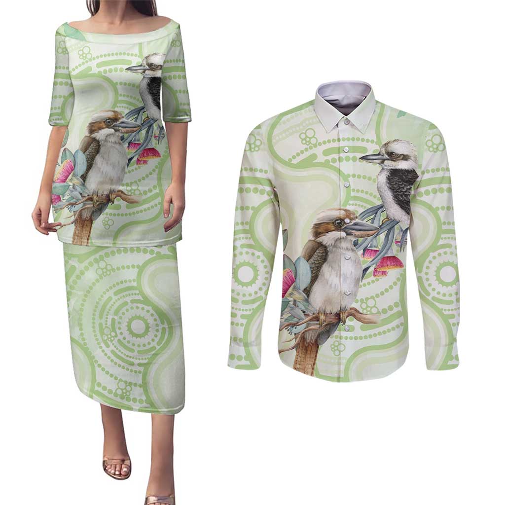 Australia Gumtree And Kookaburra Couples Matching Puletasi and Long Sleeve Button Shirt Aboriginal Art - Watercolor Style