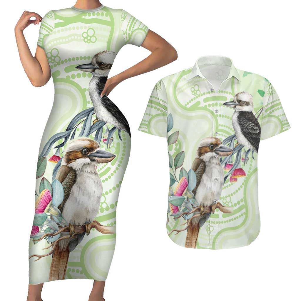 Australia Gumtree And Kookaburra Couples Matching Short Sleeve Bodycon Dress and Hawaiian Shirt Aboriginal Art - Watercolor Style