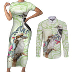 Australia Gumtree And Kookaburra Couples Matching Short Sleeve Bodycon Dress and Long Sleeve Button Shirt Aboriginal Art - Watercolor Style